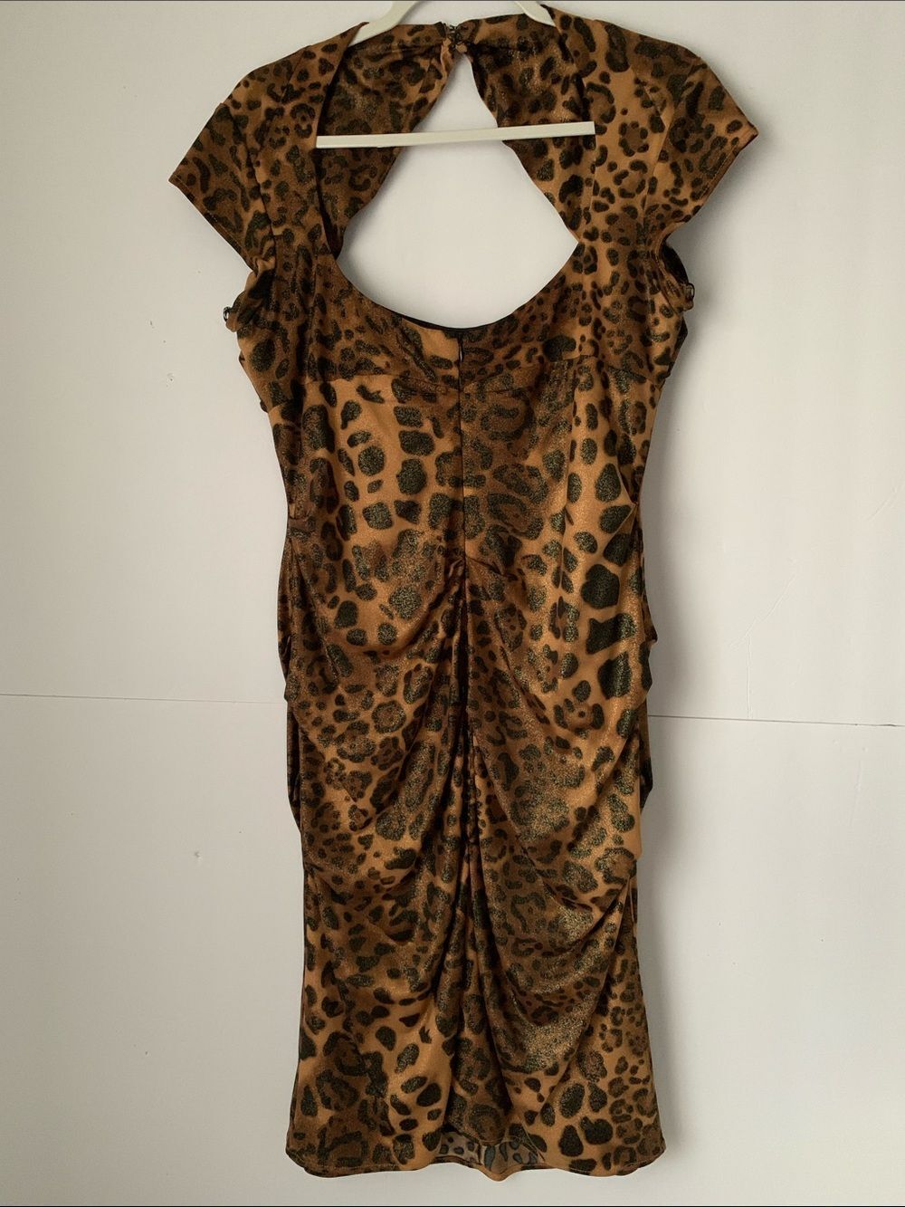 Night Way Leopard Print Ruched Cap Sleeve Women’s Dress - Brown Size L